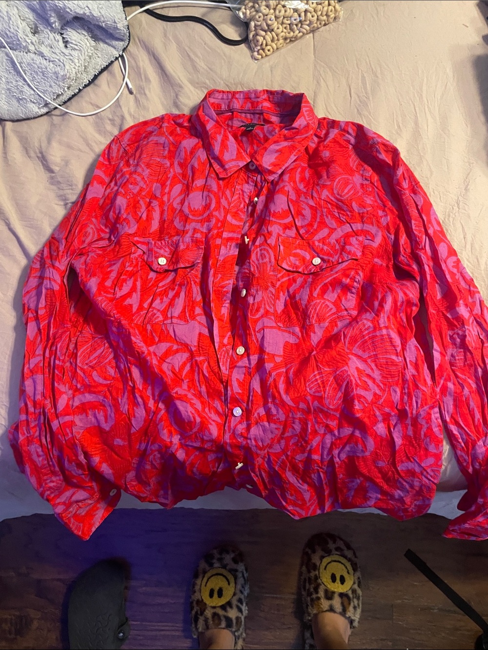 Vibrant Red-Pink Printed Button-Up Shirt